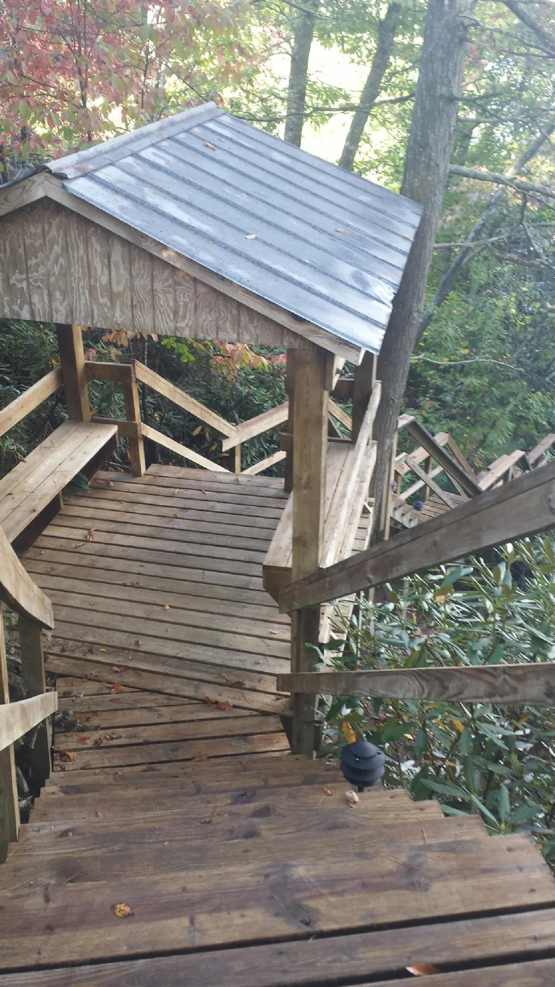 Metal roofed shelter over wooden steps on a wooded walkway — Skylight Repair & Installation work by our crew in Wingina